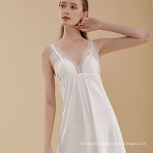 100% Pure sexy Silk Nightgown white Pyjama Summer Lace nightgown Sleepwear Bridesmaids Bridal women